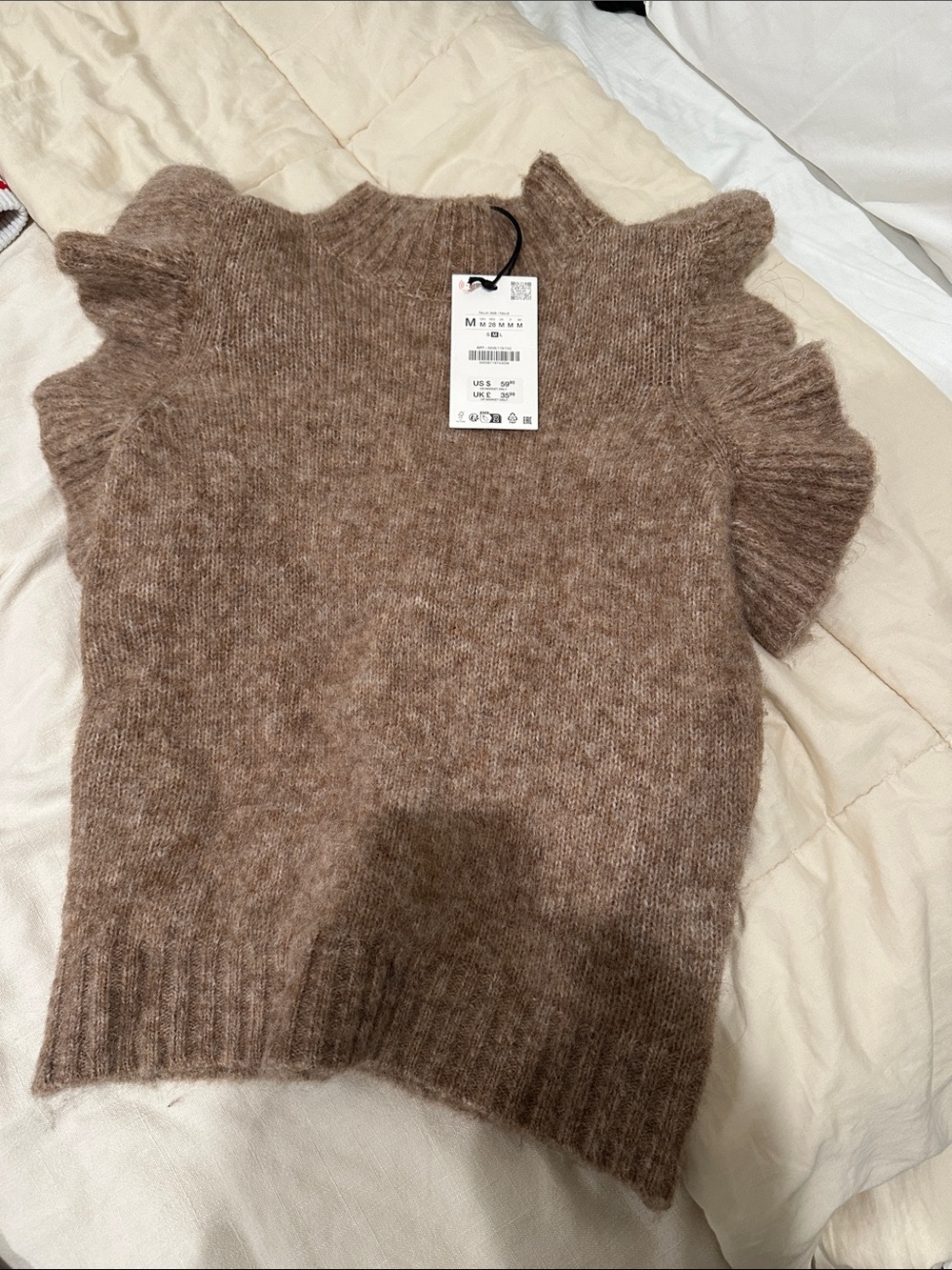 Zara Taupe Brown Ruffle Sleeve Knit Top